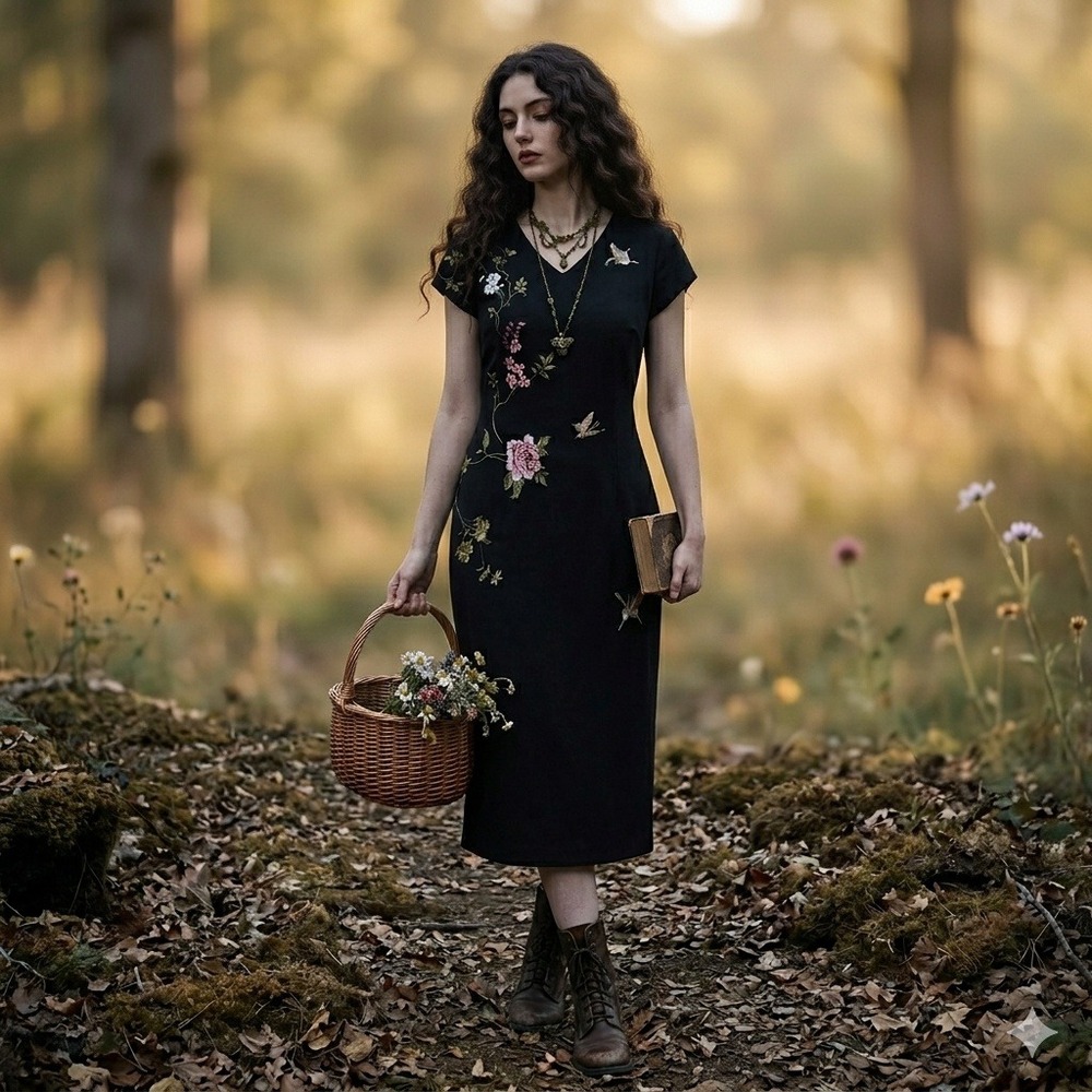Vintage Black Embroidered Floral Butterfly Dress‎ 12 Whimsigoth Cottagecore 90s